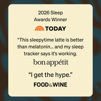 A cream-colored card with rounded corners featuring text about a 2026 Sleep Awards winner. The card reads: 'This sleepytime latte is better than melatonin.