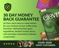 Promotional graphic for Clevr coffee bags on a bright green background, showing a large bag of Pistachio Matcha Specialty coffee, a purple bag labeled Chai Super1, and text advertising a 30-day money-back guarantee and over 300k happy customers.