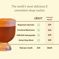 A promotional graphic for the clevr sleep routine, featuring a glass of chamomake tea on the left and a pricing table on the right. The table lists four components: Magnesium Glycinate ($35), Functional Mushrooms ($30), KSM-66® Ashwagandha ($29), and Herbal Sleep Blend ($29), with a total monthly cost of $24 ($114/year).