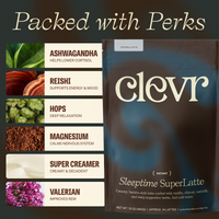 Clevr Sleeptime SuperLatte packaging with ingredients listed on a dark background