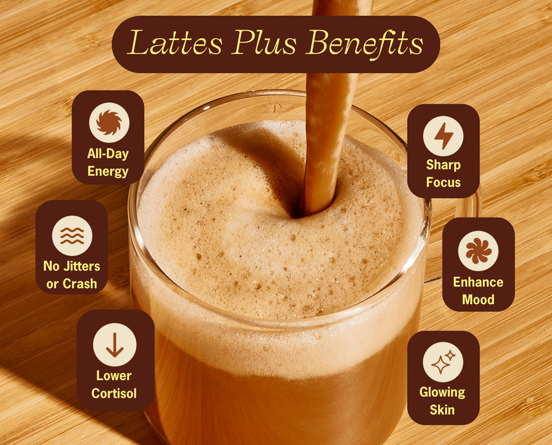 Glass of coffee with a straw on a wooden surface, featuring text about lattes plus benefits.
