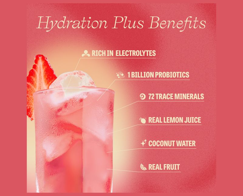  Hydration Plus Benefits featuring a glass of Strawberry Lemonade supertea, rich in electrolytes, 1 billion probiotics, 72 trace minerals, real lemon juice, coconut water, and real fruit.