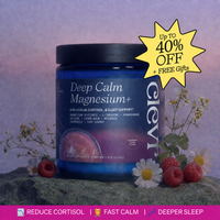 A blue jar of GCVL Deep Calm Magnesium+ supplement displayed on a stone surface with raspberries and white flowers. The background is a soft purple gradient, and a yellow starburst overlay reads 'Up to 40% OFF + Free Gifts'.