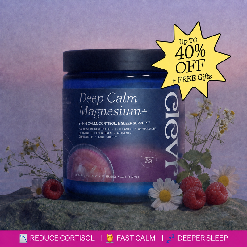 A blue jar of GCVL Deep Calm Magnesium+ supplement displayed on a stone surface with raspberries and white flowers. The background is a soft purple gradient, and a yellow starburst overlay reads 'Up to 40% OFF + Free Gifts'.