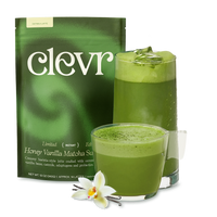 Clevr Honey Vanilla Matcha bag with glasses of matcha