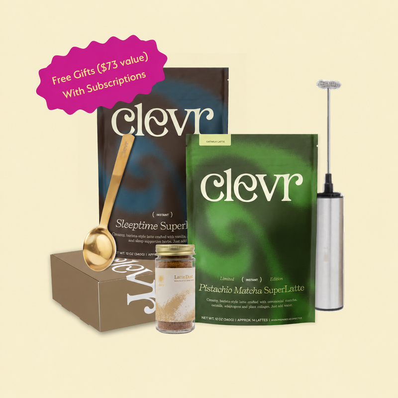 Clevr Starter Kit featuring two Superlattes, golden scoop, latte dust, and a frother.  Free gifts ($73 value) with subscriptions.  