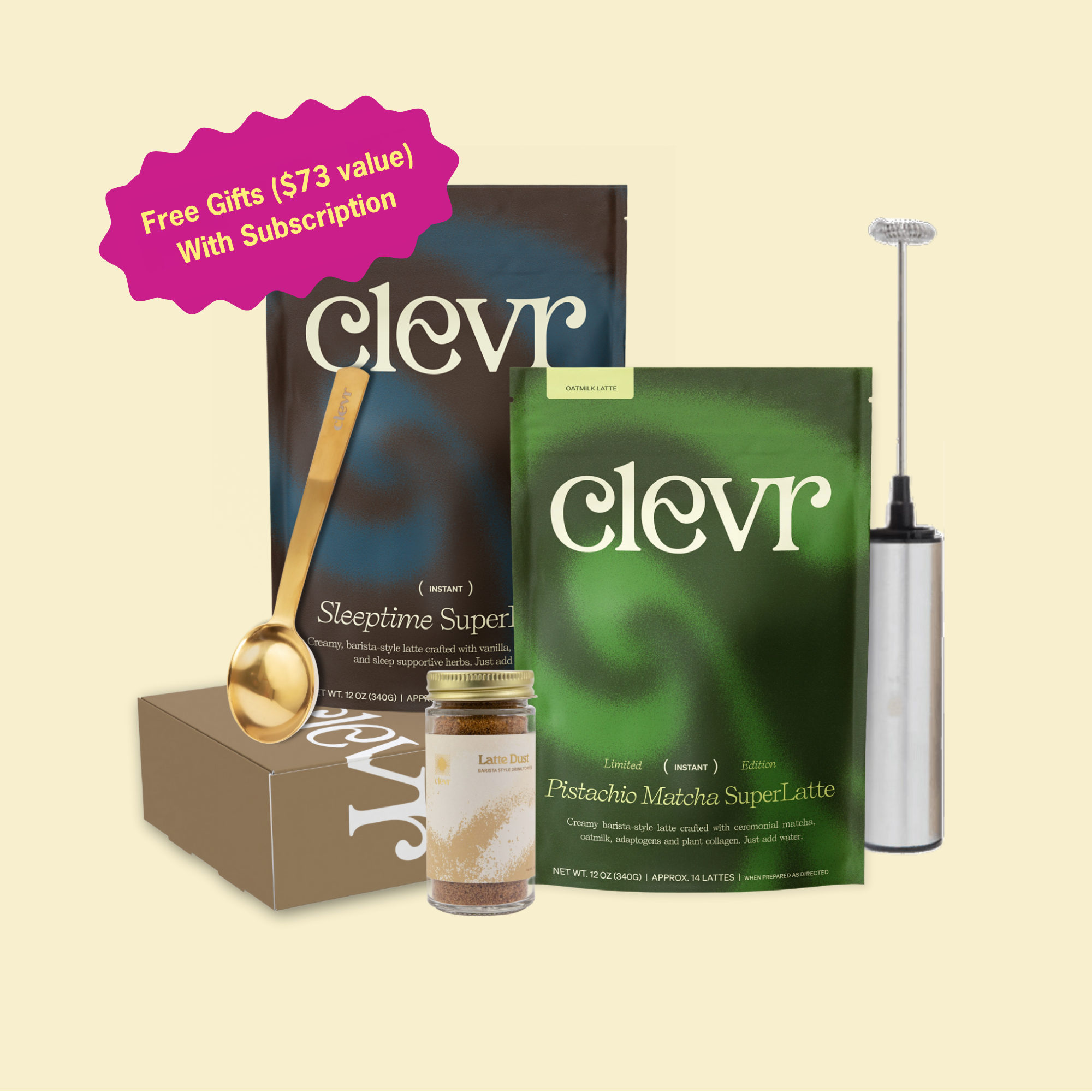 Clevr Superlattes with a golden scoop, latte dust, and frother. Free gifts $73 value with subscription.