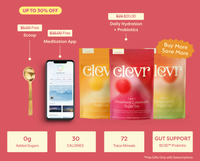 Promotional graphic for Clever Levr tea showing three tea pouches (Yellow Lemonade, Strawberry Lemonade, and Mango Green) alongside a gold spoon, a smartphone displaying the meditation app, and feature callouts on a coral pink background.