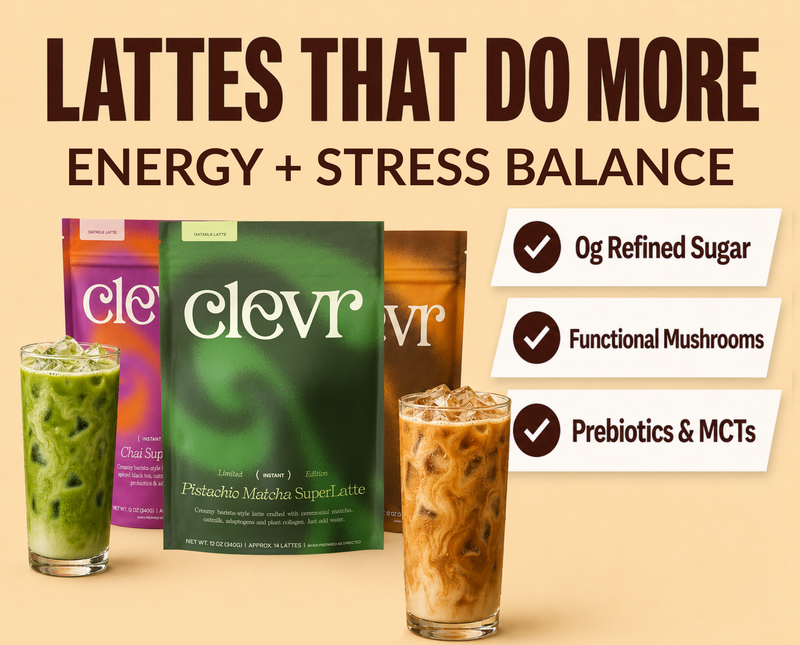 Promotional graphic for Clevr Lattes showing three branded pouches behind two prepared lattes: a green matcha latte and an iced coffee latte. Large text reads 'LATTES THAT DO MORE ENERGY + STRESS BALANCE,' with callout badges noting 'Og Refined Sugar,' 'Functional Mushrooms,' and 'Prebiotics & MCTs.