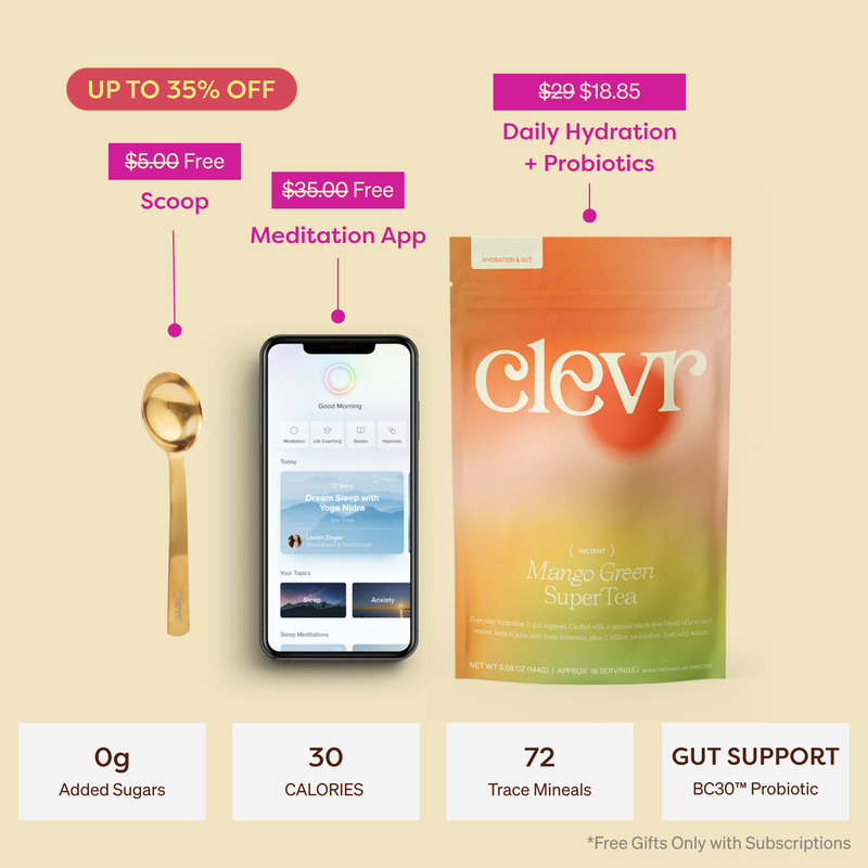 A promotional product graphic for clevr Daily Hydration + Probiotics tea. The main sold item is a stand-up pouch of mango green super tea in orange-to-yellow-green gradient packaging.