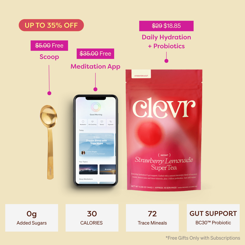 A promotional product graphic for Clevr Strawberry Lemonade Super Tea. The image shows a red stand-up pouch of tea, a smartphone displaying the Clevr app, a gold spoon, and text callouts for free scoop and meditation app subscription, plus nutritional claims at the bottom on a light beige background.