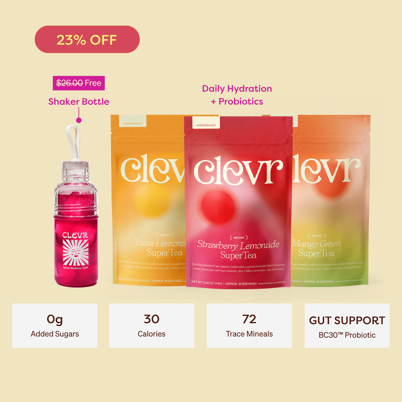 Promotional graphic for Clevr tea showing three stand-up pouches of tea (Mango Lemonade, Strawberry Lemonade, and Mango Green) alongside a pink shaker bottle, with text overlays indicating a 23% off and product benefits.