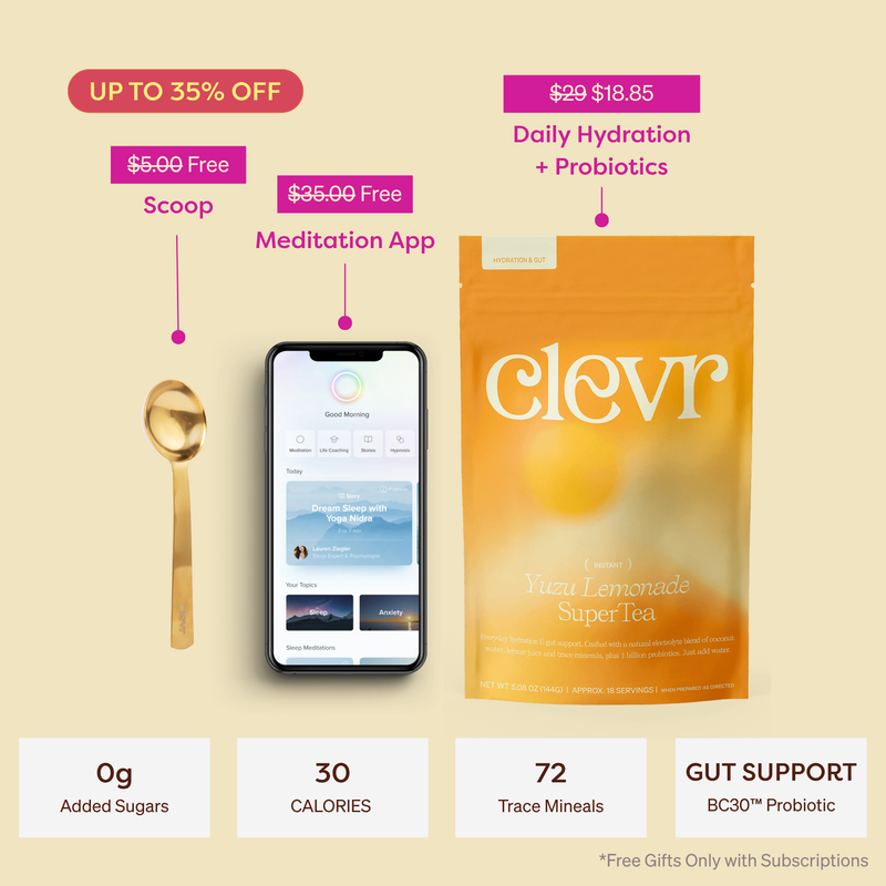Promotional graphic for Clevr tea showing a stand-up pouch of tea, a smartphone displaying the meditation app, a gold spoon, and text callouts for free scoop, free meditation app, and subscription pricing on a beige background.