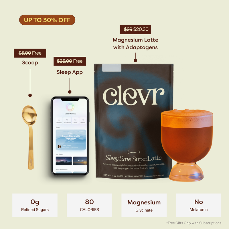 Promotional graphic for Clevr Sleeptime SuperLatte showing a pouch of the product, a smartphone displaying the Sleep App, a gold spoon, and an orange latte, with text offering free scoops and app access plus product benefits.