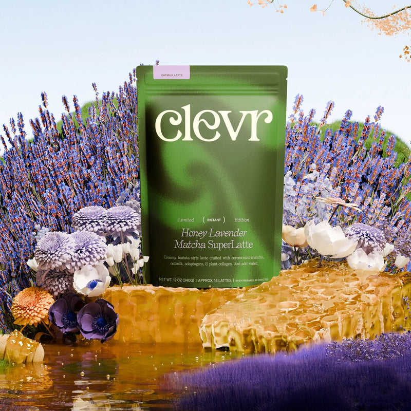Clevr Honey Lavender Matcha bag sitting on honeycomb and honey with lavender flowers in the background
