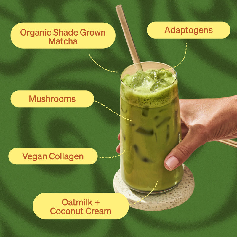 Clevr matcha in a glass with benefit callouts: Organic Shade Grown Matcha. Adaptogens. Mushrooms. Vegan Collogen. Oatmilk + Coconut Cream. 
