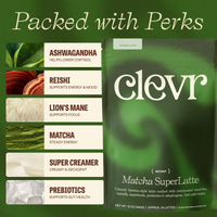 Clevr Matcha SuperLatte packaging with ingredients listed on a green background