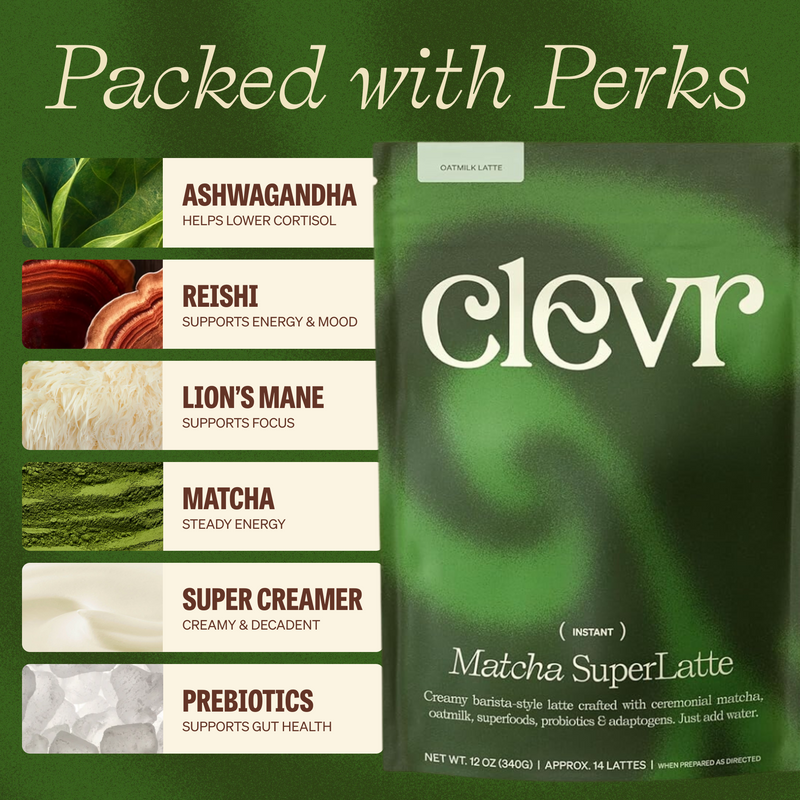 Clevr Matcha SuperLatte packaging with ingredients listed on a green background