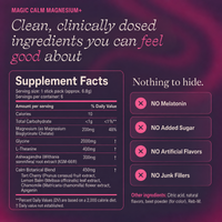 An informational graphic for Magic Calm Magnesium+ supplement facts, featuring a supplement facts panel on the left and marketing claims on the right against a dark pink and purple gradient background.