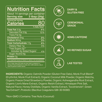 Dairy & Gluten Free. Ceremonial Grade. 40mg caffeine. No refined sugar. Lab tested. 