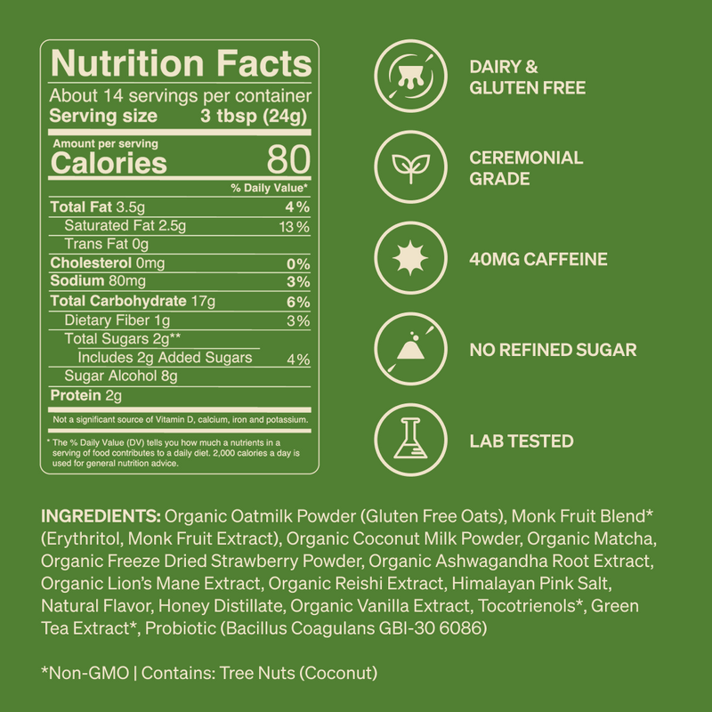 Dairy & Gluten Free. Ceremonial Grade. 40mg caffeine. No refined sugar. Lab tested. 