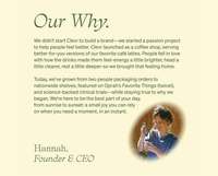 A text-heavy 'Our Why' page with paragraphs of black serif text on a pale cream background, plus a small oval portrait of a woman in the lower right and the name 'Hannah, Founder & CEO' at the bottom.