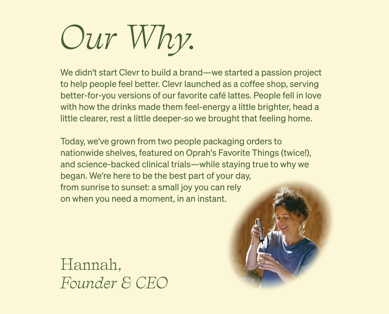 A text-heavy 'Our Why' page with paragraphs of black serif text on a pale cream background, plus a small oval portrait of a woman in the lower right and the name 'Hannah, Founder & CEO' at the bottom.