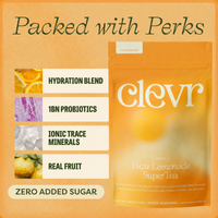 Promotional graphic for Clevr Yuwu Lemonade Super Tea, showing the orange tea pouch alongside feature callouts including hydration blend, 1Bn probiotics, ionic trace minerals, real fruit, and zero added sugar on a warm beige background.