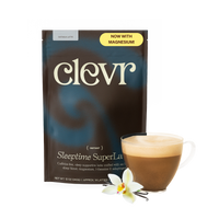 Clevr Sleeptime SuperLatte bag with a cup the drink and vanilla flower on a white background