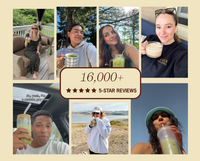 Collage of people enjoying Clevr drinks with a text overlay of 16,000+ 5-star reviews. One of the featured photos has text overlay saying "So, yeah, I'm a matcha guy now."