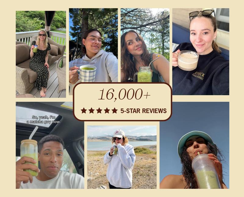 Collage of people enjoying drinks outdoors with a text overlay about 5-star reviews.