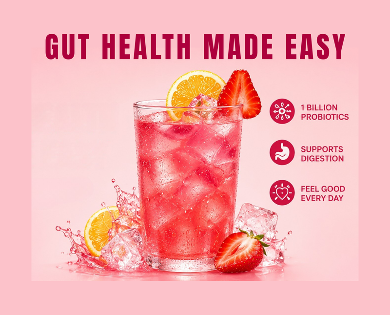 Gut Health Made Easy, 1 billion probiotics, supports digestion, feel good every day, glass of strawberry lemonade supertea featured