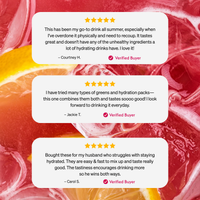 Three white review cards with star ratings and verified buyer badges overlaid on a close-up background of red and orange citrus slices.