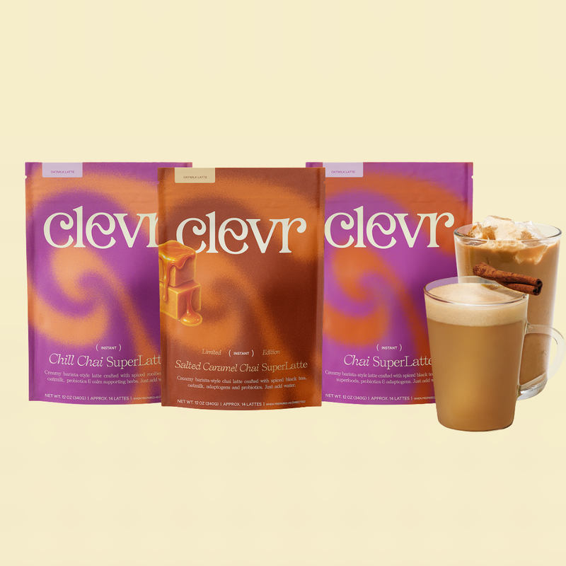 Clevr Chai, Salted Caramel Chai, and Chill Chai SuperLatte bags with two glasses of the drinks