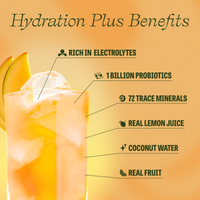 Promotional graphic for Hydration Plus Benefits featuring a tall glass of iced orange-yellow beverage with a lemon slice, overlaid with text callouts listing ingredients and benefits: rich in electrolytes, 1 billion probiotics, 72 trace minerals, real lemon juice, coconut water, and real fruit, on a warm orange gradient background.