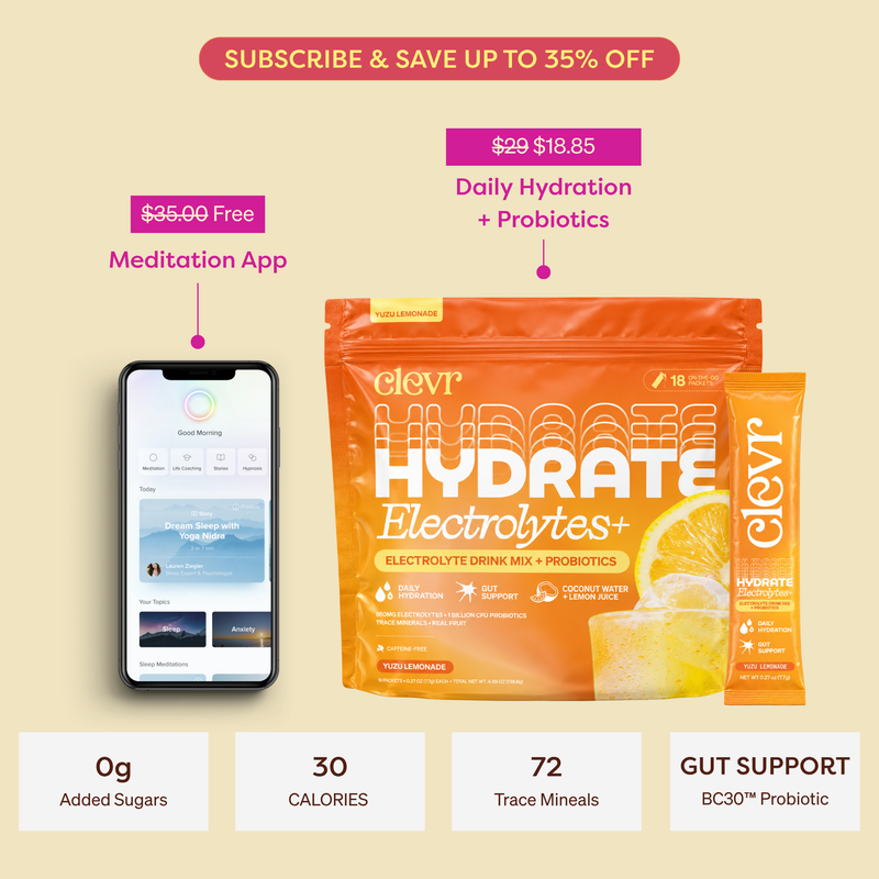 Clevr Hydrate Electrolytes+ package shown on a beige promotional background, with a smartphone app mockup labeled Meditation App, a daily hydration + probiotics subscription offer, and feature callouts for 0g added sugars, 30 calories, 72 trace minerals, and gut support BC30™ probiotic.