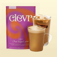 Clevr Chai SuperLatte bag with two glasses of the drink