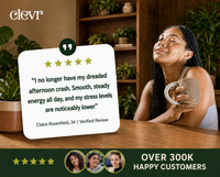 A promotional graphic with a woman holding a mug at a wooden table in a home interior, next to a large review card. The Clevr logo appears in the top left, and the bottom banner reads 'OVER 300K HAPPY CUSTOMERS' with five-star icons and small customer photos.