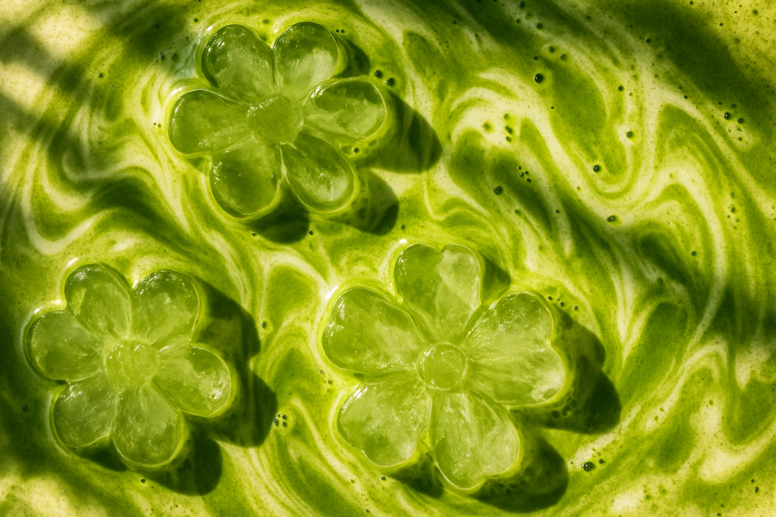 Green liquid with clover-shaped objects floating on top