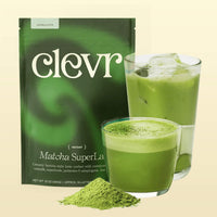 Clevr Matcha SuperLatte bag with two glasses of the drink iced and hot and a scoop of matcha powder