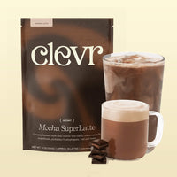 Clevr Mocha SuperLatte bag with two glasses of the drink on a beige background