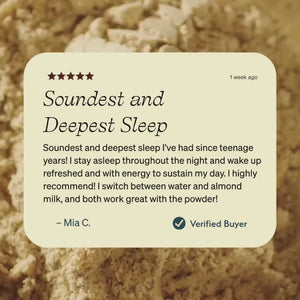 Customer Review - soundest and deepest sleep with a video in the background of a powder drink blended into water.