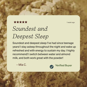 Customer Review - soundest and deepest sleep with a video in the background of a powder drink blended into water.
