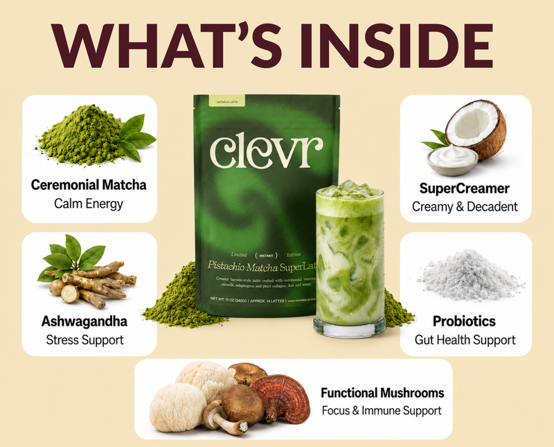 A product infographic for Clevr Flavedo Matcha Super Latte. The central subject is a green pouch of the matcha latte powder, shown alongside a glass of the prepared green drink.